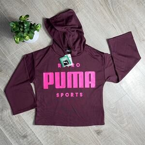 PUMA Burgundy Hot Pink ‘RETRO PUMA SPORTS’ Lightweight Hoodie Top Girls Size XL
